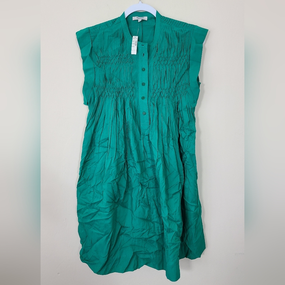 NWT $138 Madewell Embroidered Pleated Green Mini Short Sleeve Dress Womens XS - Picture 10 of 11